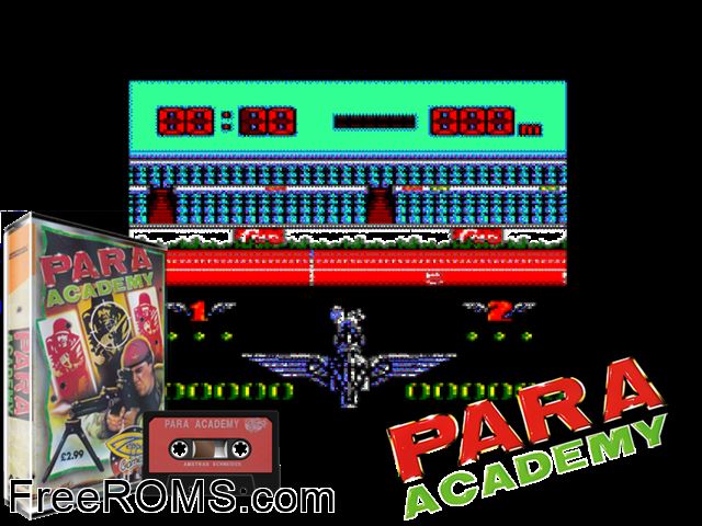 Para Academy (UK) (1990) [h1] Amstrad CPC game showing 3D box cover and gameplay screenshot